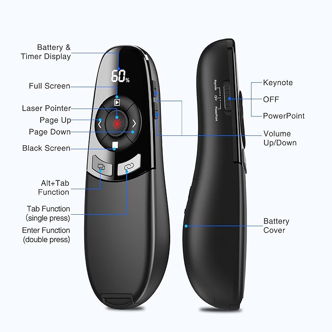 [Timer LCD Display] Wireless Presenter USB C Presentation Clicker Remote w Laser Pointer,Long Range Power Point Clicker Slide Clicker for Office Classroom Teacher