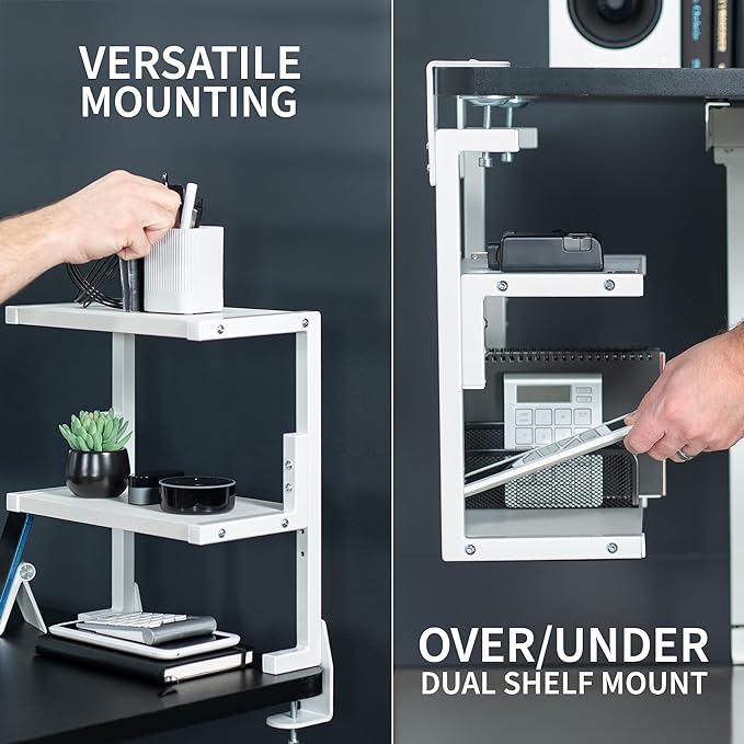 VIVO Clamp-on 13 inch Above or Below Desk 2-Tier Shelving Unit for Table Accessories, Gaming Devices, and More, Storage Tray, Desktop Organizer, White, STAND-SHELF2CW