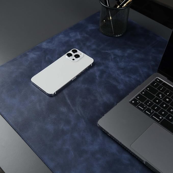 TORONATA Jersey Genuine Calfskin Leather Desk Pad, Office Desk Mat with Non-Slip Bottom, Smooth Surface for Mouse & Keyboard, Desk Protector (36x19 inches) (Navy)