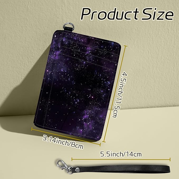 BWEGRHE Small Travel Wallets, Purple Galaxy Slim Minimalist Front Pocket Wallet with Wristlet, RFID Blocking PU Leather Credit Card Holder with ID Window Change Purse for Men Women