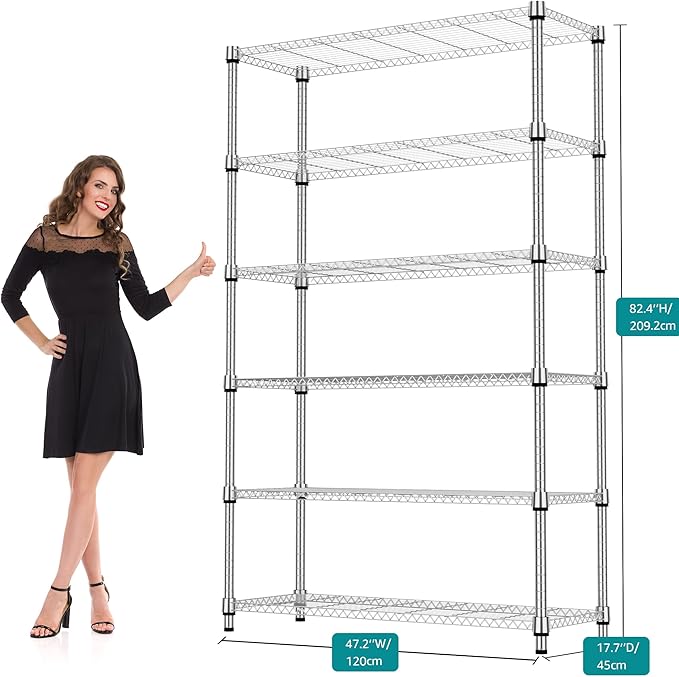 M MZG 6 Tiers Shelf 2100 lbs Steel Storage Shelving Utility Shelving Unit Steel Organizer Wire Rack for Home,Kitchen,Office,Garage Chrome 17.7" D x 47.2" W x 82.4" H