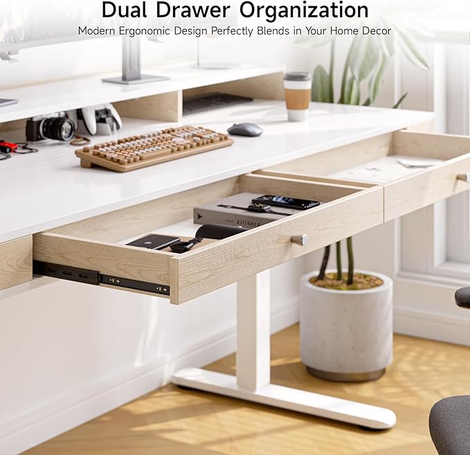 ONBRILL Standing Desk with Drawers, 63x23.6 Inch Electric Stand Up Desk with Storage Shelf and Memory Controller, Sit Stand Desk Adjustable Height from 28-46 Inch for Computer Workstation, White