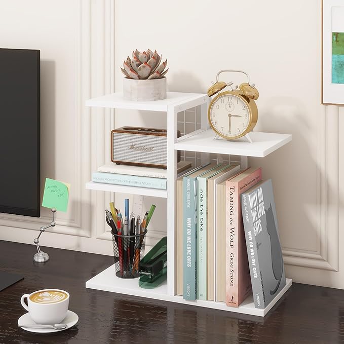 ELITEROO Desk Bookshelf, 4 Tier Wood Desktop Bookshelf, Adjustable Table Top Book Shelf and Storage Rack for Office Supplies, Dorm, Home Office, White