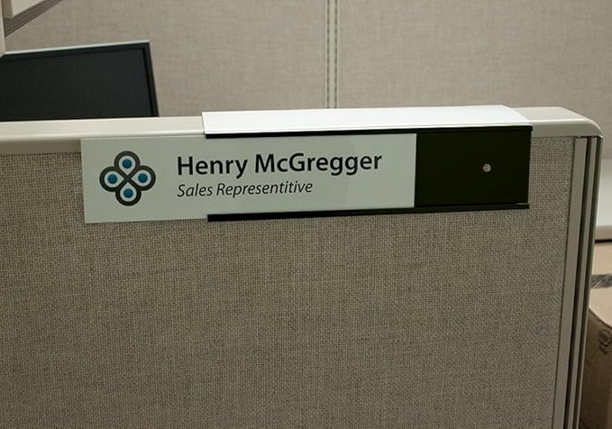 Quality Aluminum, Changeable Cubicle Nameplate Holder, Satin Silver Base, and Matte Black Name Plate Holder, Guaranteed Not to Crack (3" Depth)