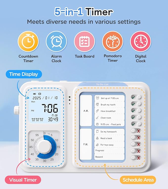 3-in-1 Visual Timer & ADHD Tool for Kids|Adults, Task Timer with Chore Chart Board, Visual Schedule for Kids with Autism, Daily Checklist for Home, School, Classroom, Desk