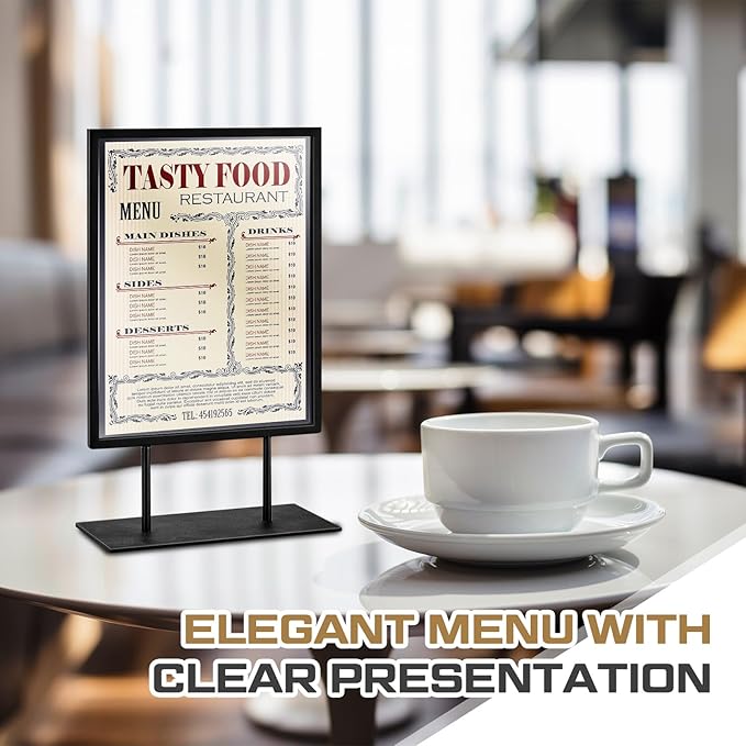 Zhengmy 2 Pcs Tabletop Sign Holder with Flat Base 11" x 8.5" Double Sided Countertop Sign Holder Vertical Desktop Display Stand Metal Poster Display Stand for Office Store Restaurant Hotels, Black
