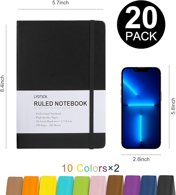 LYDTICK 20 Pack Journals for Writing College Ruled Notebooks Journal in Bulk, Hardcover Notebooks (200Pages) for Note Talking, Lined Bullet Journals for Home School Office, 5.7"x8.4", 10 Colors