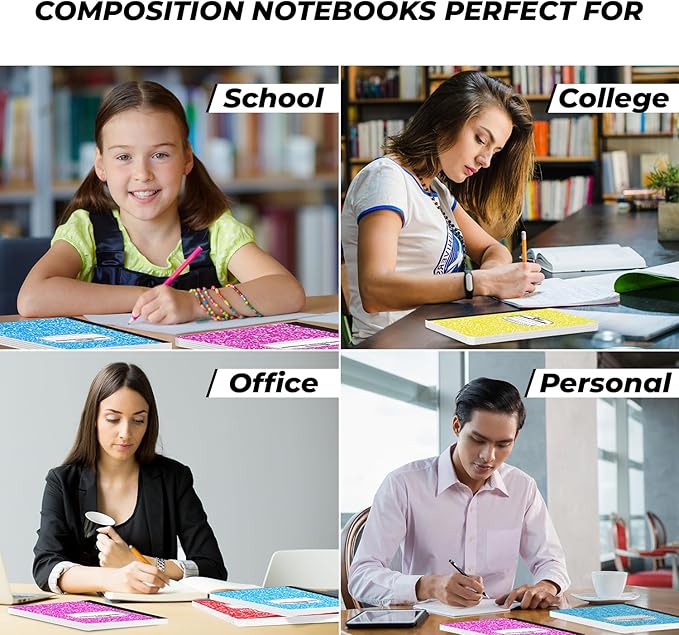Rosmonde 5 Pack Composition Notebooks College Ruled, 200 No Bleed Pages (100 Sheets) 9-3/4x7-1/2 Notebooks for Work, Back to School Supplies for College Students, Notebooks for Women, Colors May Repeat