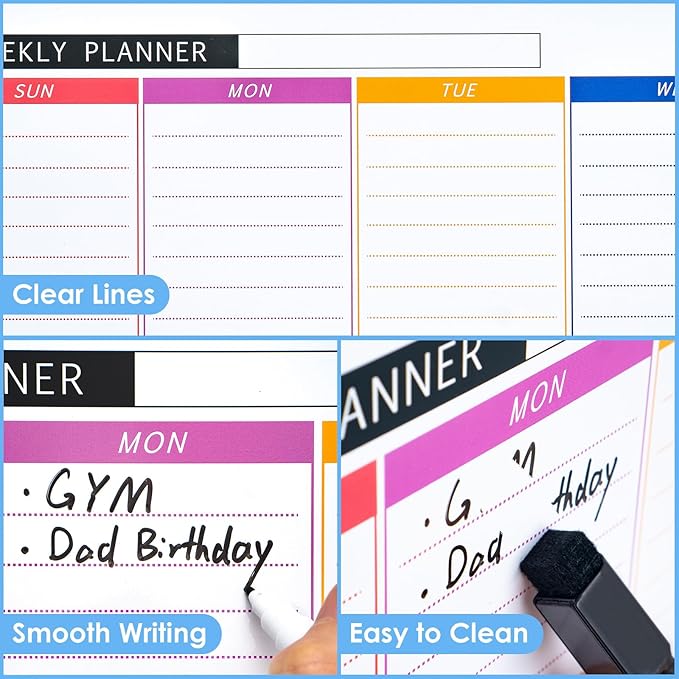 ARCOBIS Weekly Dry Erase Board for Wall, 12" x 16" Magnetic Calendar Whiteboard, Small Hanging Double-Sided White Board for Planning, Memo, to Do List, Drawing, School, Home, Office