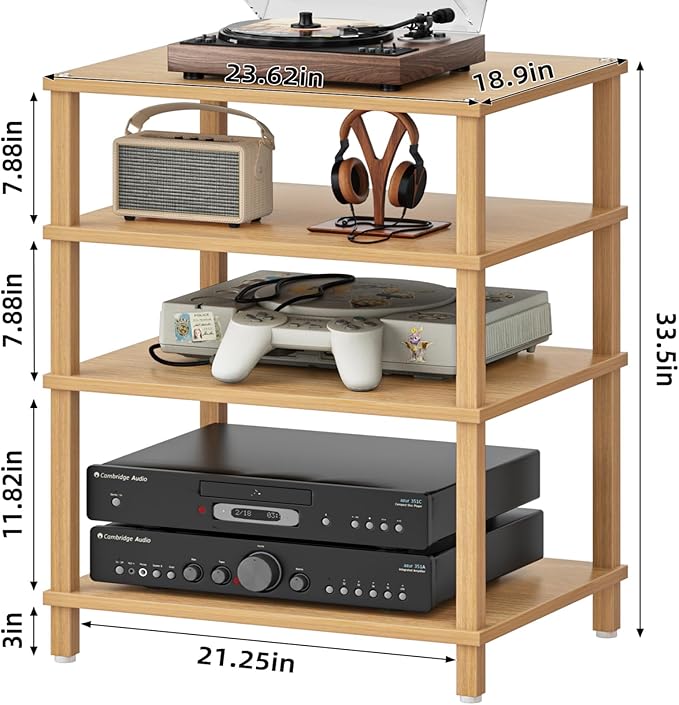4-Tier AV Media Player Stand, Natural Stereo Cabinet, Modern Audio Shelf, Wooden TV Stand,Game Console Shelf, Multifunctional Entertainment Center, Suitable for Home, Conference Room, Game Studio