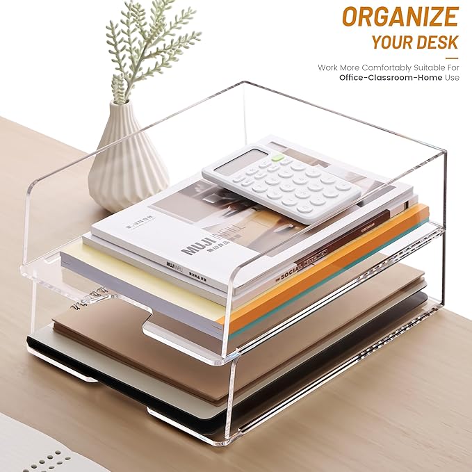 HeZone Enlarged Letter Paper Tray - Clear Acrylic Desk Organizers for Document Organization and File Storage - Stackable Office Accessories - 2 Pack (Large Tray V)