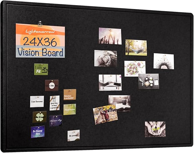 Vision Board 36x24, Thicken Felt Pin Board for Bedroom Dorm or Personal Creative Space with 20 Pushpins and 20 Postcards, Black