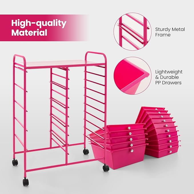 HAPPYGRILL 15-Drawer Rolling Cart, Storage Carts with Removable Drawers & Steel Frame, Utility Cart on Lockable Wheels for Home, School, Office (Hot Pink)