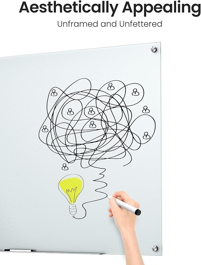 VUSIGN Magnetic Glass Dry Erase Board, 36" x 48" Large Frameless Glass Board for Wall Mounted, Frosted Surface White Board Includes Magnets, Markers, Eraser and Tray for Office, School, Home