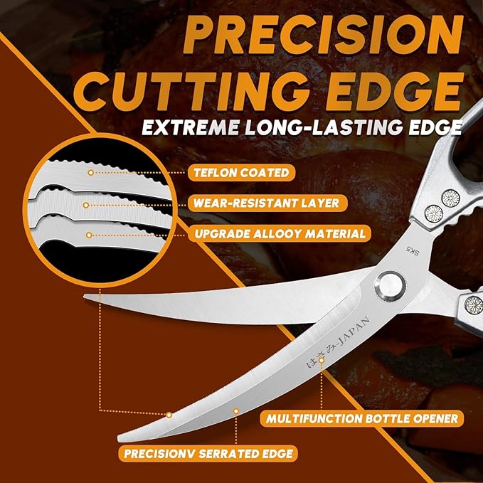 HUUSK Kitchen Scissors and Cooking Tong Set - Silver Kitchen Shears for Food with Stainless Steel BBQ Tongs, Japanese Style Dishwasher Safe Meat Scissors for All Purpose, Gifts for Men Women