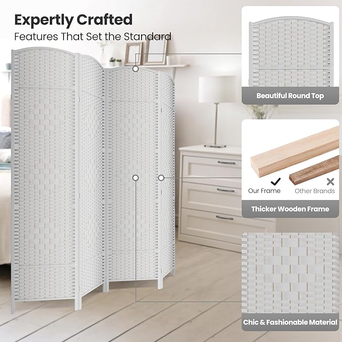 Cocosica 4 Panel Room Divider,6Ft Folding Privacy Screen,Tall - Extra Wide Foldable Panel Partition Wall Divider with Diamond Double-Weaved Hand-Woven Design Room Screen Divider（White）