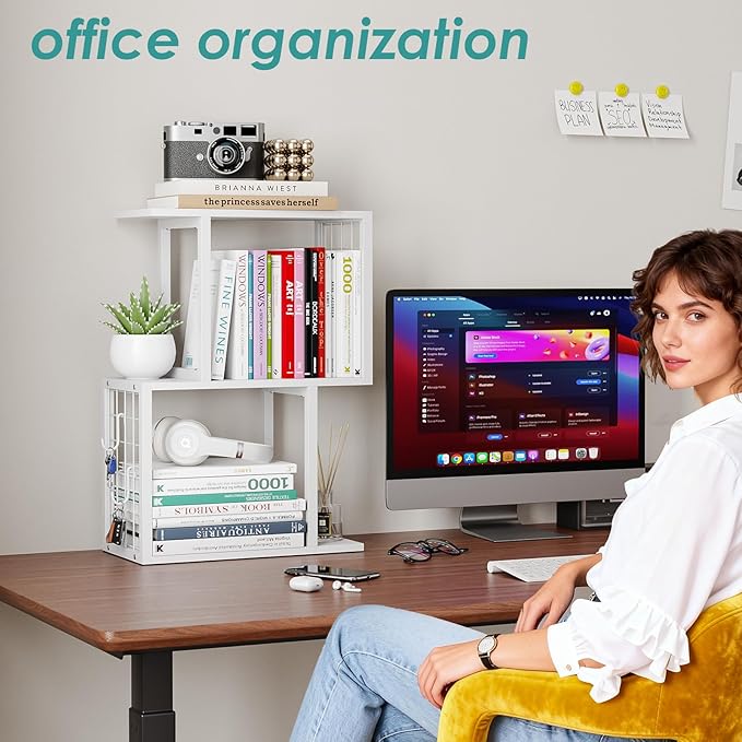 Vfelf Desktop Bookshelf Organizer, White 3-Tier Desk Shelf with Metal Hook Workspace Organizers for Desk Organization and Office Storage Table Bookcase