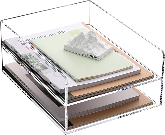 HeZone Paper Organizer Letter Tray, Clear Acrylic Paper Tray, School Teacher Office Supplies Organization, Stackable Desk File Organizer, Classroom Decor and Accessories-2 Pack…