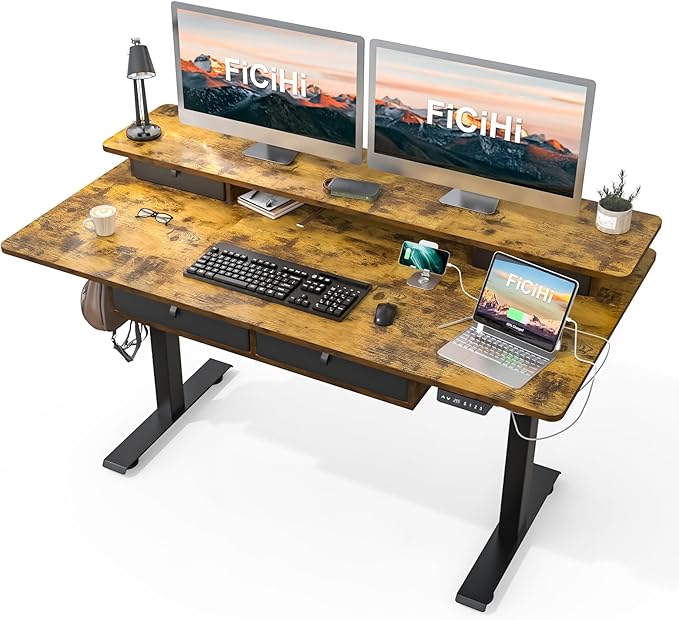 FiCiHi Adjustable Height Standing Desk with 4 Drawers,63 x 30 inches Electric Sit Stand Home Office Desk with Two Tiers, 3 Memory Presets, Monitor Stand Riser, USB A/C Charging Port