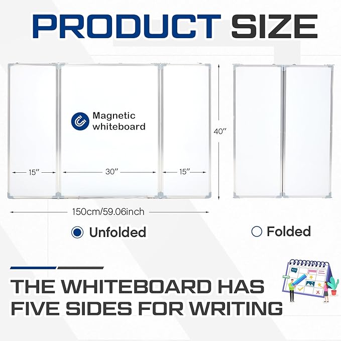 60” x 40” Foldable Whiteboard Dry Erase Board Large Tri Folding Whiteboard Magnetic Dry Erase Board, Wall Aluminium Frame and Flip Out Pen Tray for Office, Home