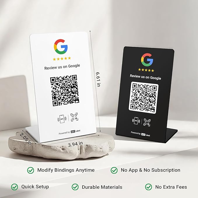 Hotlabel Review Stand 2-Pack + Black & White + for Boosting Google Reviews + NFC Tap & QR Code + Share 1 Independent Link (Supports 1 Store) + All Phones Compatible + No App/Subscription