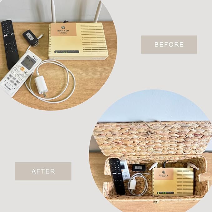 BINH YEN HOME Wicker Cable Management Box with Lid, Set of 2 Handwoven Water Hyacinth Cords Hider Boxes for TV, Computer, Router, USB Hub to Hide Cords & Power Strip for Desk, Floor, Office