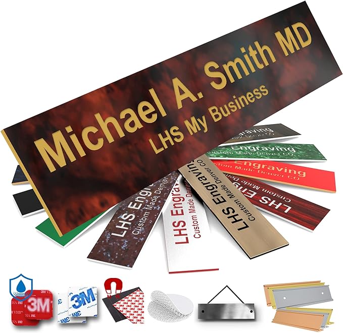 Engraved Name Plates for Door Sign Personalized Burlwood Plastic Plaque with Gold Letters - Made in USA 2x8 N2