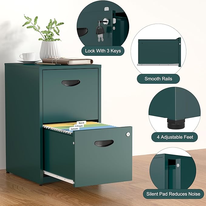 SteeLoong 2 Drawer File Cabinet with Lock,Green Metal Office Drawers Filing Cabinets for Home Office, Two Drawer Under Desk File Cabinet for Hanging Letter,Easy Assemble