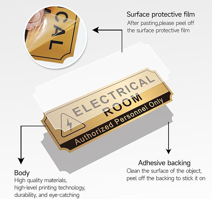 Electrical Room Sign for Business Door，Self-Adhesive Durable Brushed Gold Electric Closet Room Sticker for Home, UV and Weather Resistant Authorized Personnel Only Signs for Business ，Workplace