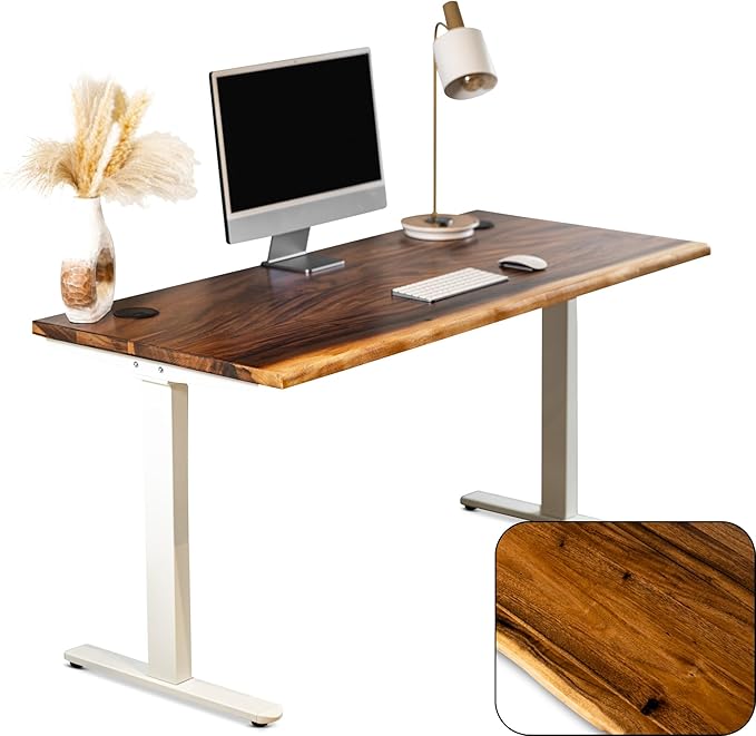 Standing Desk – Walnut Solid Wood Desk, Natural Live Edge, Adjustable Height Dual Motor, Sit Stand for Home Office (White, W48 x D27)