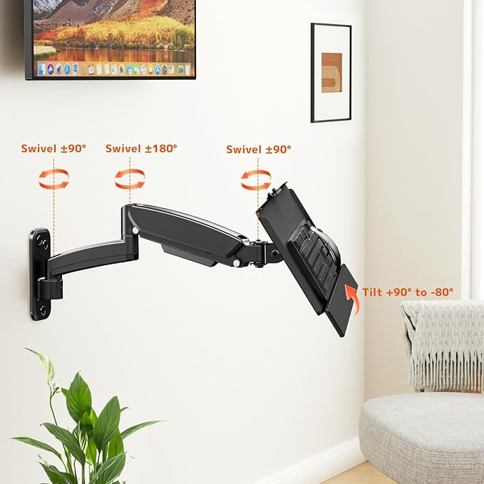 Keyboard Tray Wall Mount,Sit-Stand 26 Inch Keyboard and Mouse Stand,Height Adjustable Typing Platform,360 Degree Rotation, Holds up to 19.8 lbs, Black