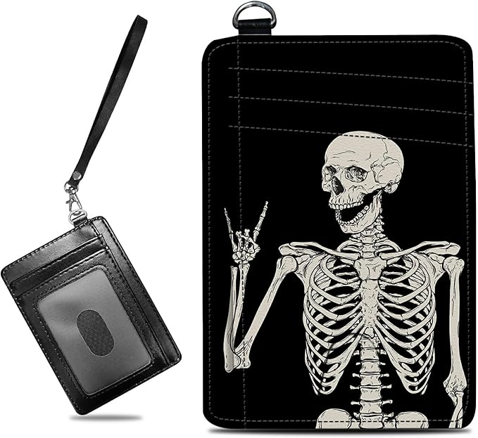 BWEGRHE Small Travel Wallets, Skull Skeleton Slim Minimalist Front Pocket Wallet with Wristlet, RFID Blocking PU Leather Credit Card Holder with ID Window Change Purse for Men Women