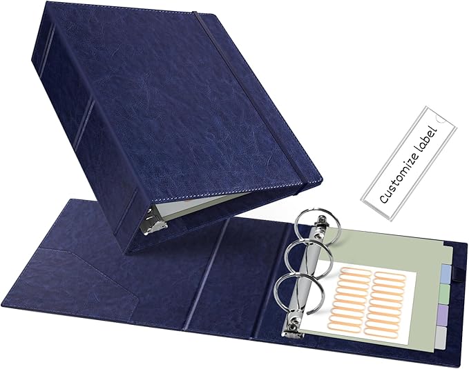 Ospelelf Leather Mini Binder Vintage Hardcover 2 Inch Rings, Professional Small 3 Ring Binders Organizer Suitable for 5.5" x 8.5" Documents, Binder Dividers with Tabs, Dark Blue