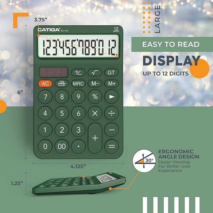CATIGA 12 Digit Desktop Calculator Basic Desk Calculator with Large LCD Display, Big Buttons, 4 Function, Solar and Battery Dual Power, for Office, School, Home, SD-1292 Green