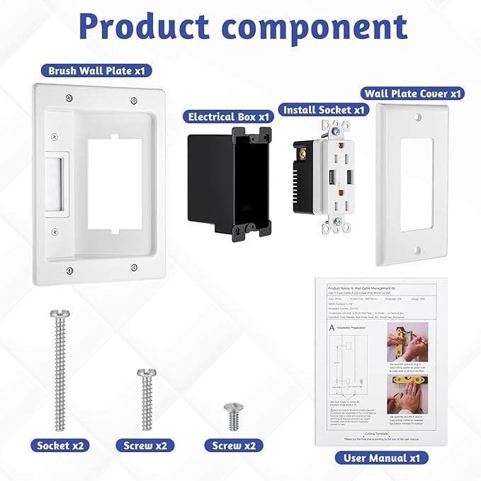 in Wall Cable Management Kit with Brush Wall Plate, AC Outlets & USB Ports, Recessed Outlet Box, for Walls Mount TV with Cable Management Box, in Walls TV Connection Kit for Home Theater Systems