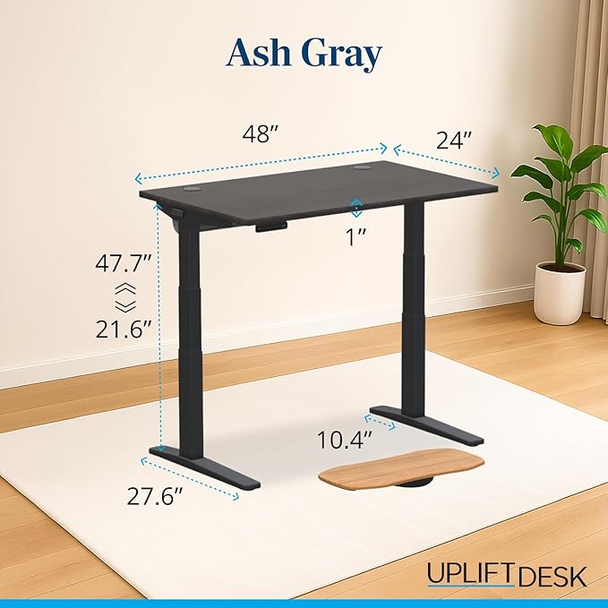 UPLIFTDESK V3 2-Leg Ash Gray Laminate Wood Standing Desk – Adjustable Height, Advanced 1-Touch Memory Keypad, Under Desk Cable Management, Wire Grommets & Rocker Board (Black C-Frame, 48 x 30 inch)