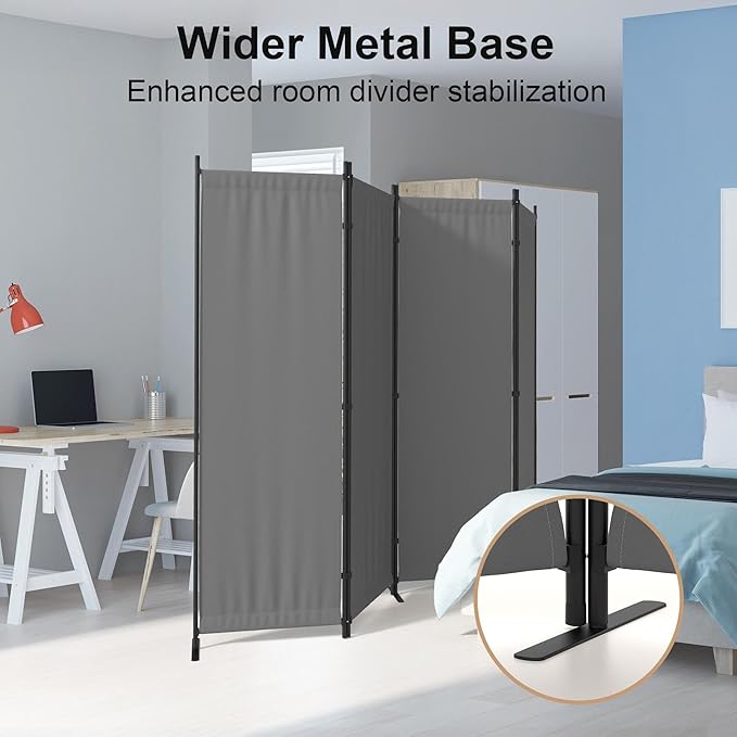 Kecreque Privacy Screen Room Divider as Dressing Screen 4 Panel Wall Room Divider with 3 Wider Feet Portable Wall 6FT Partition Wall for Office Dining Room Children's Separate Rooms,Grey