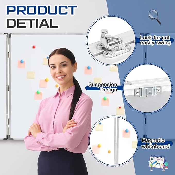 96” x 40 ” Foldable Whiteboard Dry Erase Board Large Tri Folding Whiteboard Magnetic Dry Erase Board, Wall Aluminium Frame and Flip Out Pen Tray for Office, Home