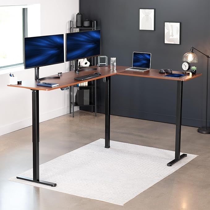 VIVO Electric Corner 84 x 63 inch L-Shaped Standing Desk, Memory Height Adjustment, Dark Walnut Top Black Frame, DESK-E3CTBD-84