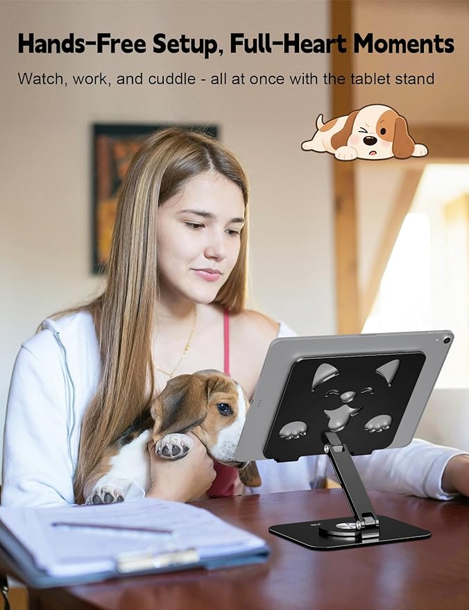 Aoviho Adjustable Tablet Stand for iPad - 360° Rotating Aluminum Desk Holder, Foldable Stable Stand for iPad Pro 12.9/11,Home Office & Travel,Great Gift for Mom & Teens, Black