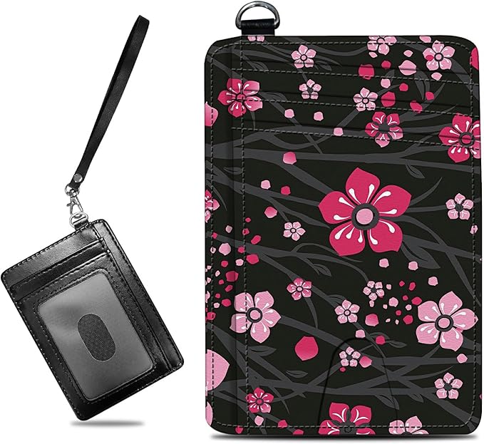 BWEGRHE Small Travel Wallets, Pink Cherry Blossom Slim Minimalist Front Pocket Wallet with Wristlet, RFID Blocking PU Leather Credit Card Holder with ID Window Change Purse for Men Women