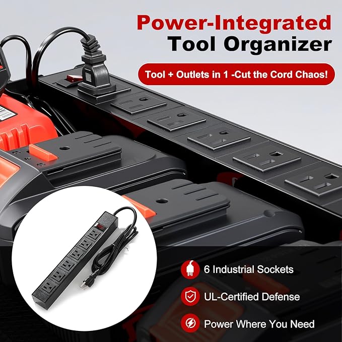 ERVNYNT 3 layers power tool organizer Loads 150lbs with 6 Cordless Drill Holder and 6 Outlet Power Strip,it’s good choice for husband birthday gift,black
