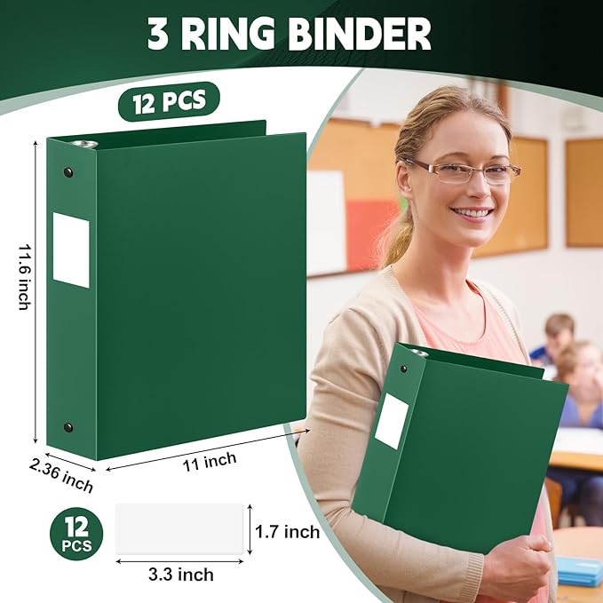 Henoyso 12 Pcs 3 Ring Binder 2 Inch Round Fits Letter Size 8.5'' x 11'' Paper Plastic Flexible Binder Bulk Holds 490 Sheets with 1 Pockets Versatile Organizer for Home Office School (Dark Green)