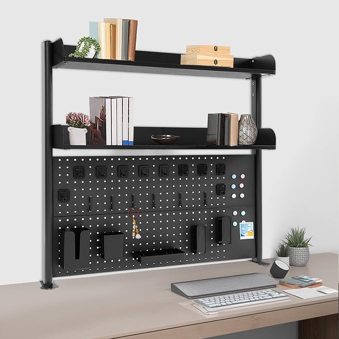 Dlinanta Clamp-On Pegboard Desk Organizer, 2-Tier Clamp On Desk Shelf with Hooks, Office Accessory Organizer for Books, Office Supplies & DIY Storage, 16.5lbs Capacity, 39.37" x 37.4", Black