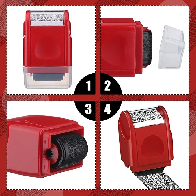 Nezyo 2 Pack Identity Protection Roller Stamp Identity Theft, Confidential, Privacy Roller Stamp Information Blocker and 4 Pack Refill Ink for ID Account Data Address Security(Red)