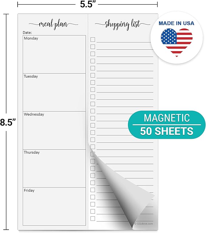 321Done Magnetic Meal Planning Pad, 5.5x8.5, Made in USA, M-F Weekly Menu Planner & Grocery List for Refrigerator, Perforated Tear Off Checklist (50 Pages), Thick Paper, Strong Magnet for Fridge