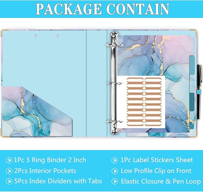 Lateefah 3 Ring Binder, 2 Inch Binder Organizer for Letter Size(8.5'' x 11'') with 5-Tab Dividers and Pockets, File Folders with Low Profile Clipboard for Office, School Supplies