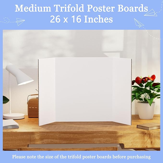 AKONEGE 6 Pack Medium Trifold Poster Board, 26" x 16" White Corrugated Cardboard Tri Fold Poster Boards for Presentation, School Projects, Science Fair, Photo Display Exhibitions Event