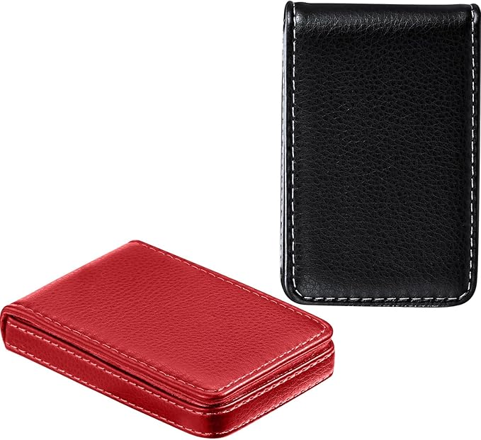 Outus 2 Pieces Business Card Holder, PU Leather Business Card Case Pocket Wallet with Magnetic Shut for Valentines Gift Men Women(Black and Red,Classic)