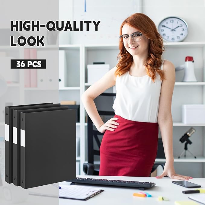 Henoyso 36 Pcs 3 Ring Binder 0.5 Inch Round Fits Letter Size 8.5'' x 11'' Paper Plastic Flexible Binder Bulk Holds 140 Sheets with 1 Pockets Versatile Organizer for Home Office School (Black)